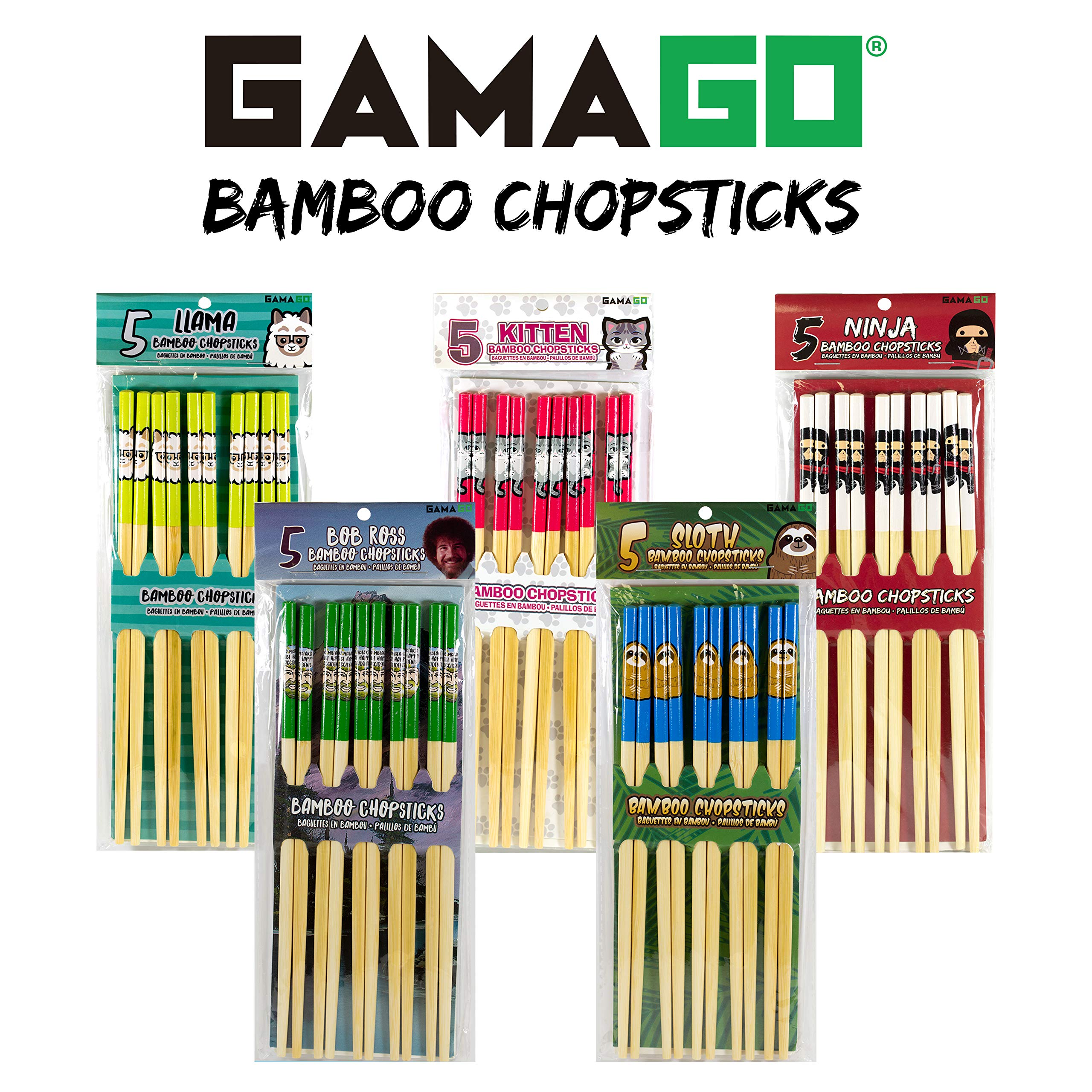 GAMAGO Ninja Bamboo Chopsticks Set-5 Pairs of Adorably Cute Reusable Chop-Sticks-Easy Grip, Lightweight, Durable, 9.25 Inches, Red