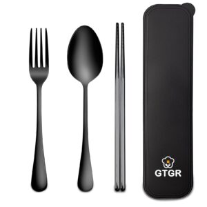 portable travel utensils set with case 18/8 stainless steel cutlery set include fork spoon and chopsticks with case reusable utensil set for work (black)