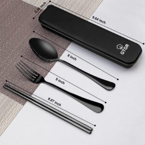 Portable Travel Utensils Set with Case 18/8 Stainless Steel Cutlery Set Include Fork Spoon and Chopsticks with Case Reusable Utensil Set for Work (Black)