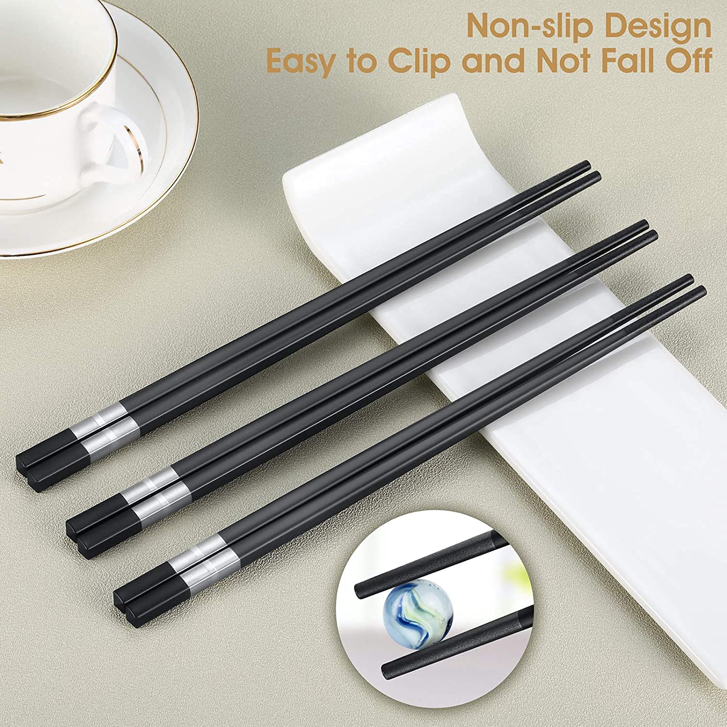 Crownyard -10 Pairs Fiberglass Chopsticks,Reusable Chop sticks Dishwasher Safe, Non-slip, 9 1/2 inch (Simple Silver)