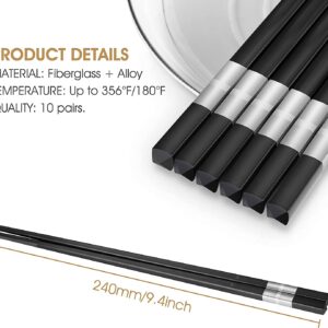 Crownyard -10 Pairs Fiberglass Chopsticks,Reusable Chop sticks Dishwasher Safe, Non-slip, 9 1/2 inch (Simple Silver)