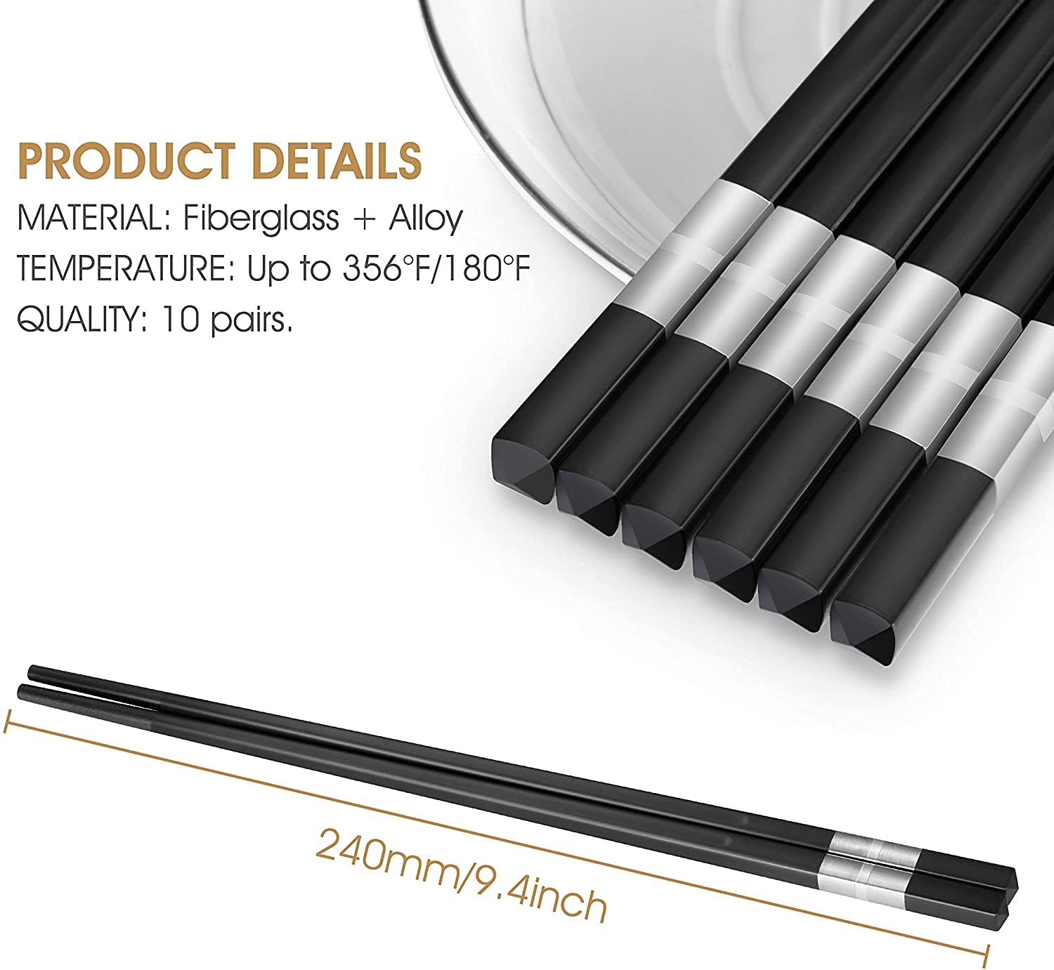 Crownyard -10 Pairs Fiberglass Chopsticks,Reusable Chop sticks Dishwasher Safe, Non-slip, 9 1/2 inch (Simple Silver)