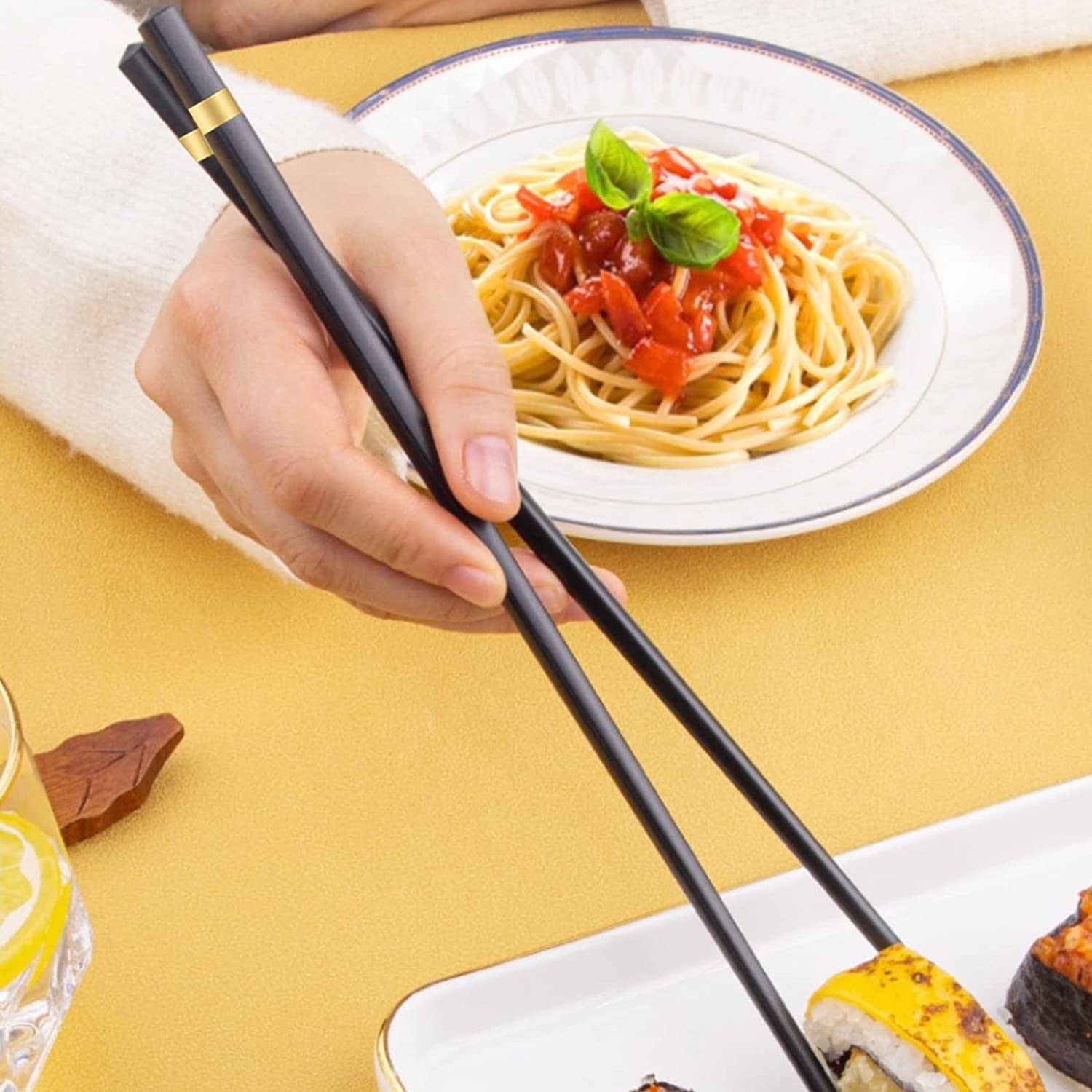 8 Pairs Fiberglass Chopsticks-Reusable Chopsticks Dishwasher Safe, 9.57 inch/24.3cm Matte Non-Slip Japanese Chinese Family/ Hotel/ Restaurant Chop Sticks, Hair ChopStick Gift Set, Black