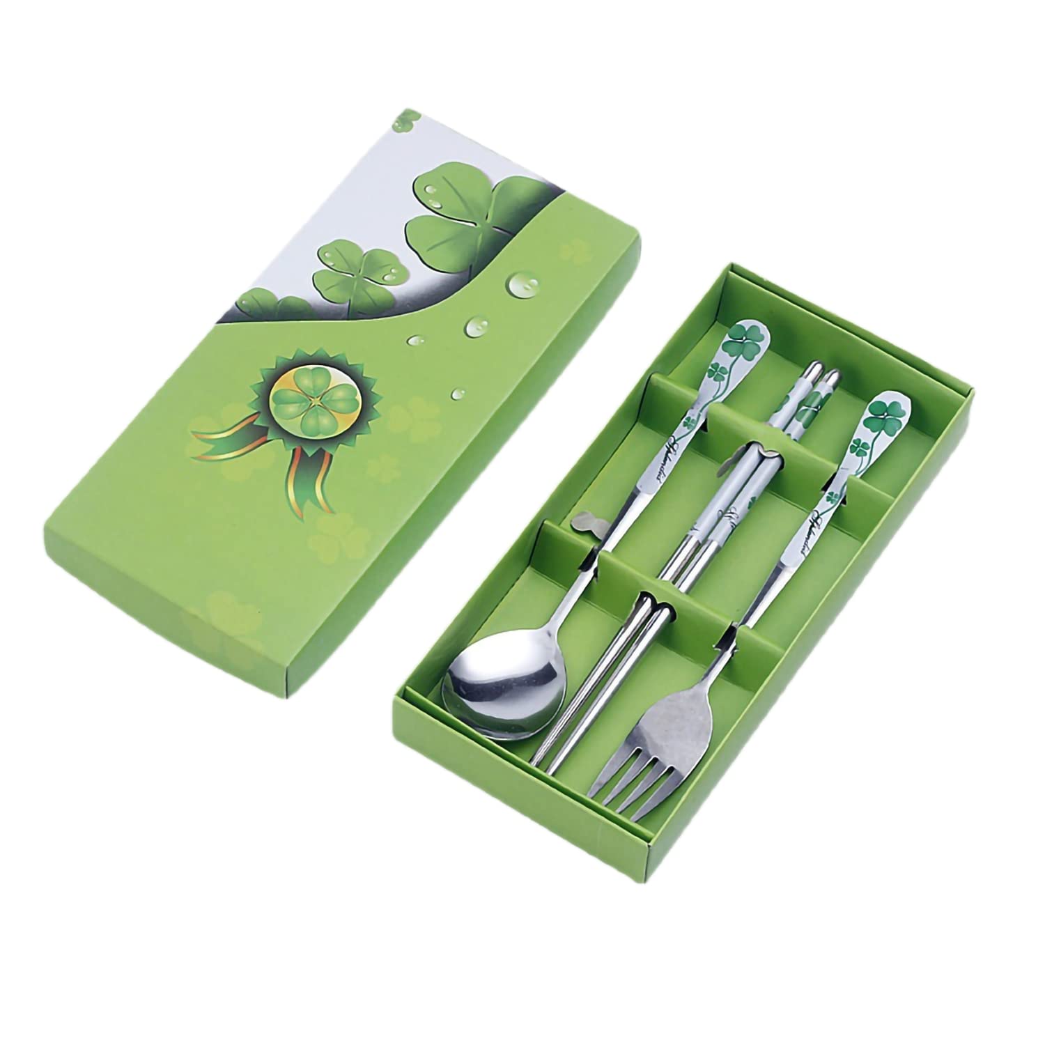 Portable Cutlery Set Reusable Travel Utensils, Stainless Steel Flatware Set, Camping Silverware with Case,3 Pcs green four-leaf clover Stainless Steel Metal Chopsticks Spoon and Fork gift box set