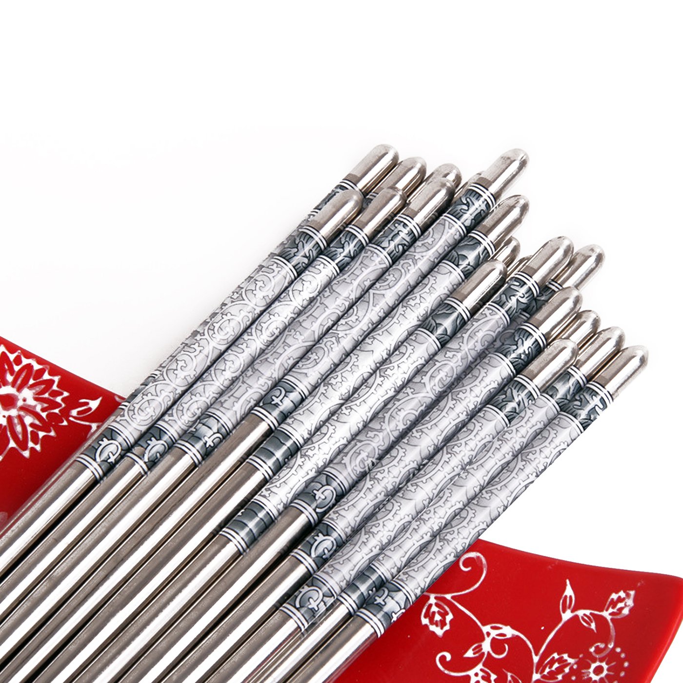 UUAT Patterns Stainless Steel Dinner Chopsticks, Blue and White Porcelain, 5 Pairs