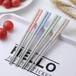 4 Pairs Chopsticks, Household Creative Tableware, Stainless Steel Chopsticks, Outdoor Portable Tableware Chopsticks Food Sticks With Wheat Straw, 7.46in (Pink)