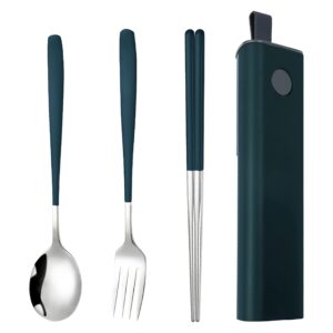muka set of 3 portable flatware set w/fork sproon chopsticks utensils stainless steel w/cellphone holder-dark green