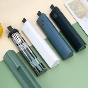 Muka Set of 3 Portable Flatware Set w/Fork Sproon Chopsticks Utensils Stainless Steel w/Cellphone Holder-Dark Green