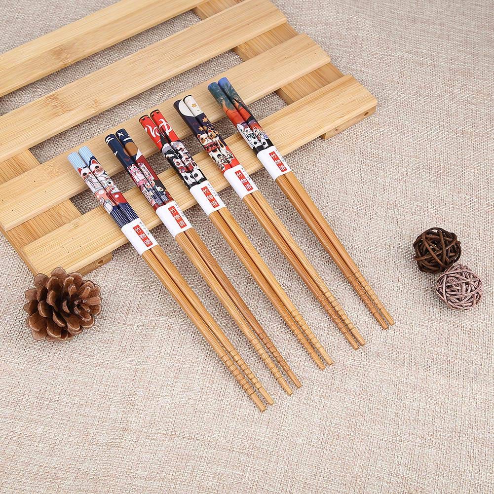 Reusable Chinese Wooden Chopsticks Cat Fish Pattern Washable Durable Household Hotel Wedding Gift 5Pair with Gift Box (Cat)