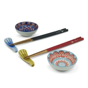 8 pc bamboo chopstick set w/ dishes & rests red and blue