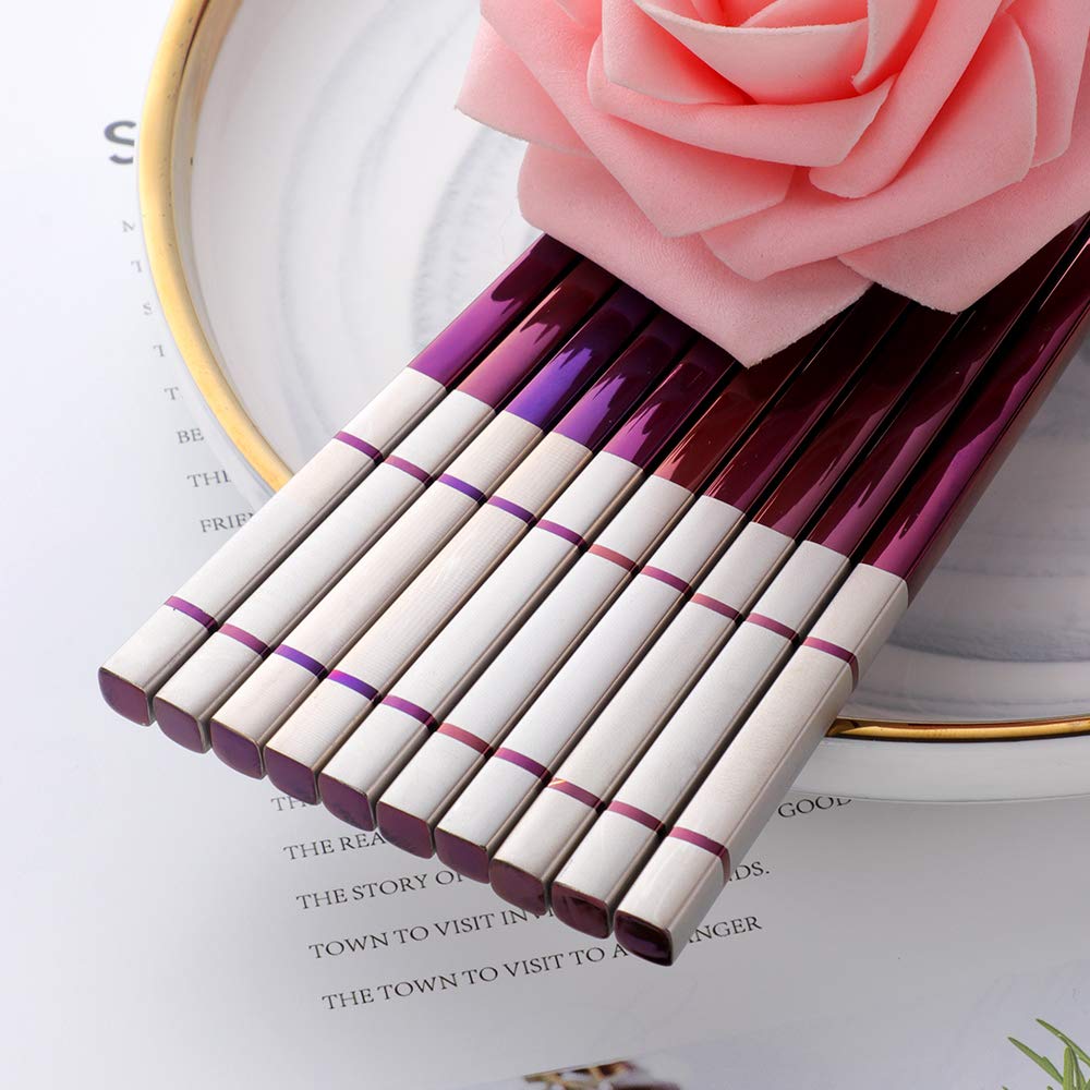 QOBIMOON 5 Pairs Metal Stainless Steel Chopsticks Stainless Steel Chopsticks Series-Multicolor Metal Chop Stick Utensils Sushi Chopstick Dishwasher Safe Lightweight-Purple