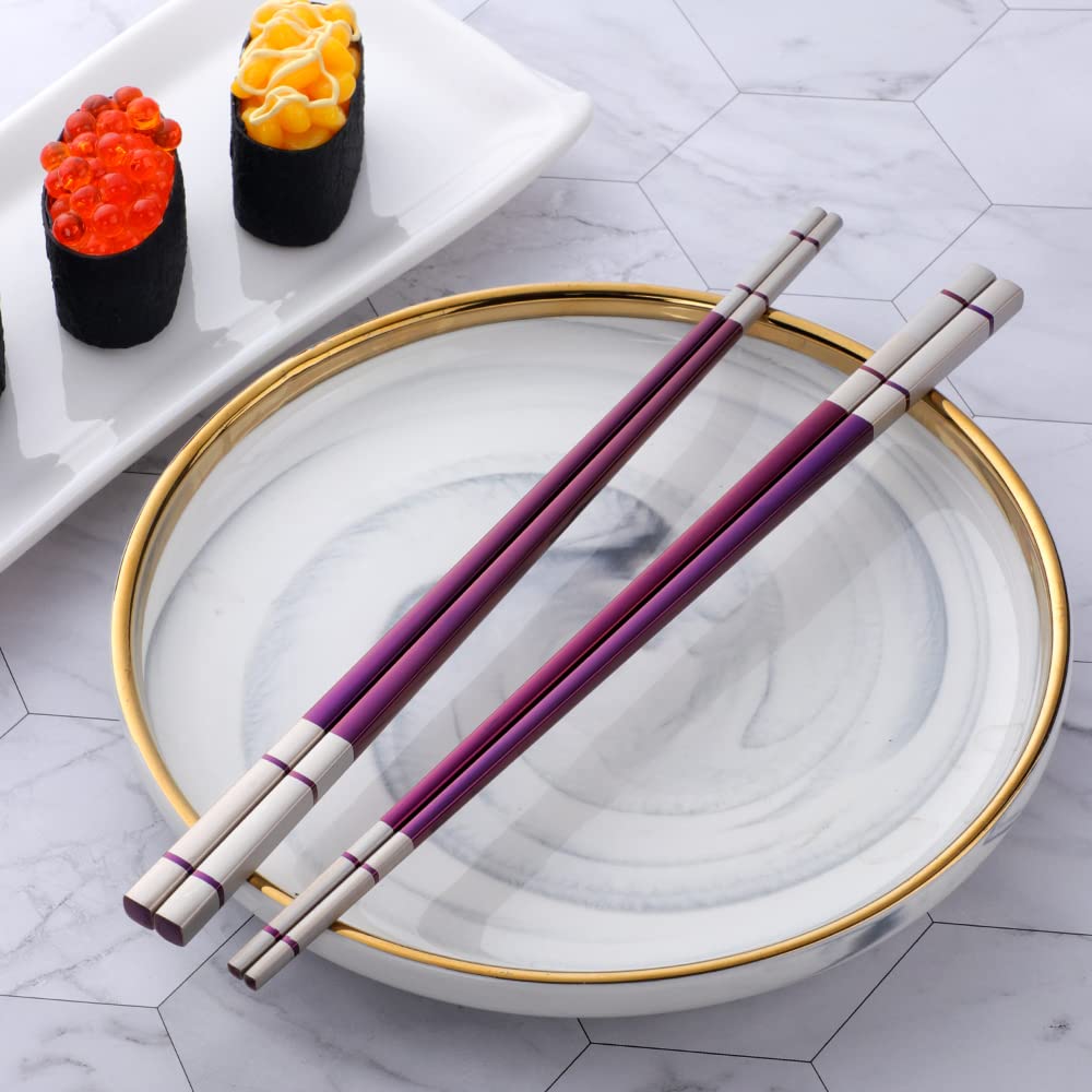 QOBIMOON 5 Pairs Metal Stainless Steel Chopsticks Stainless Steel Chopsticks Series-Multicolor Metal Chop Stick Utensils Sushi Chopstick Dishwasher Safe Lightweight-Purple