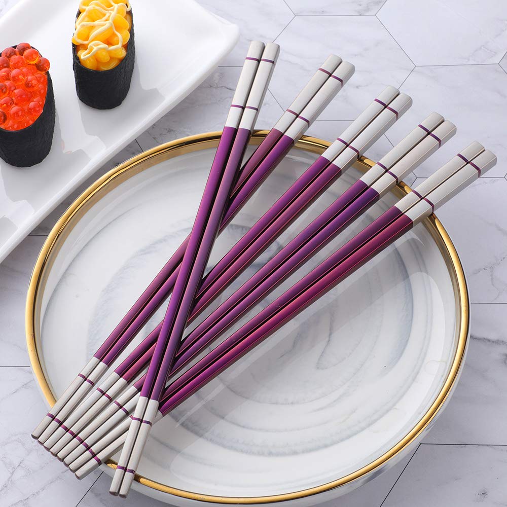 QOBIMOON 5 Pairs Metal Stainless Steel Chopsticks Stainless Steel Chopsticks Series-Multicolor Metal Chop Stick Utensils Sushi Chopstick Dishwasher Safe Lightweight-Purple