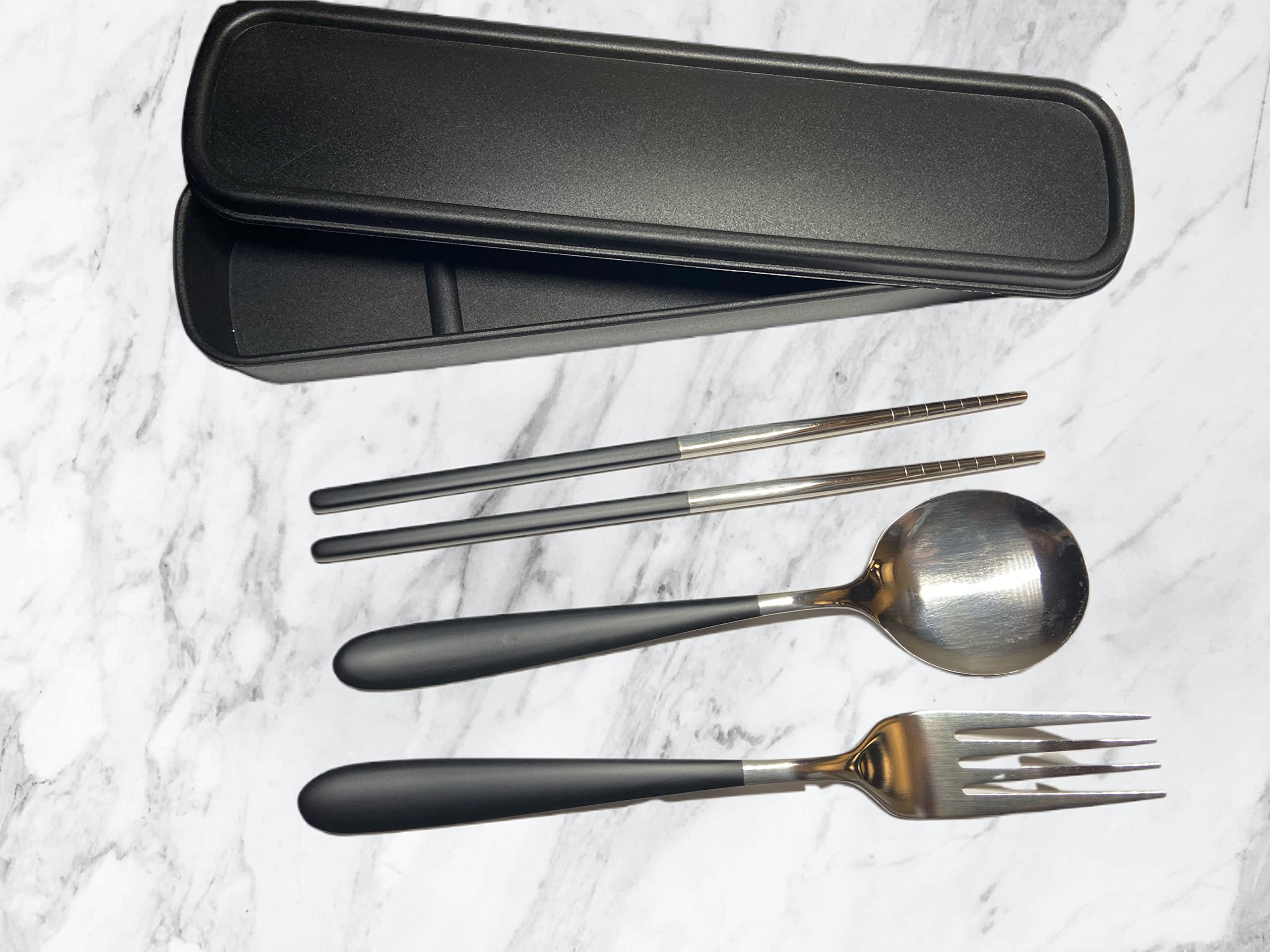 Travel Stainless Steel Utensils - Spoon Fork & Chopsticks with Box - Portable Active