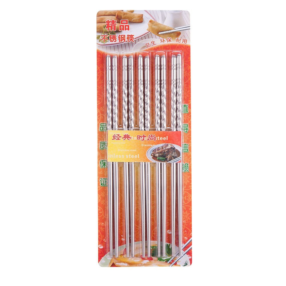 10 Pcs (5 Pairs) High Quality Spiral Design Silver Stainless Steel Chopsticks