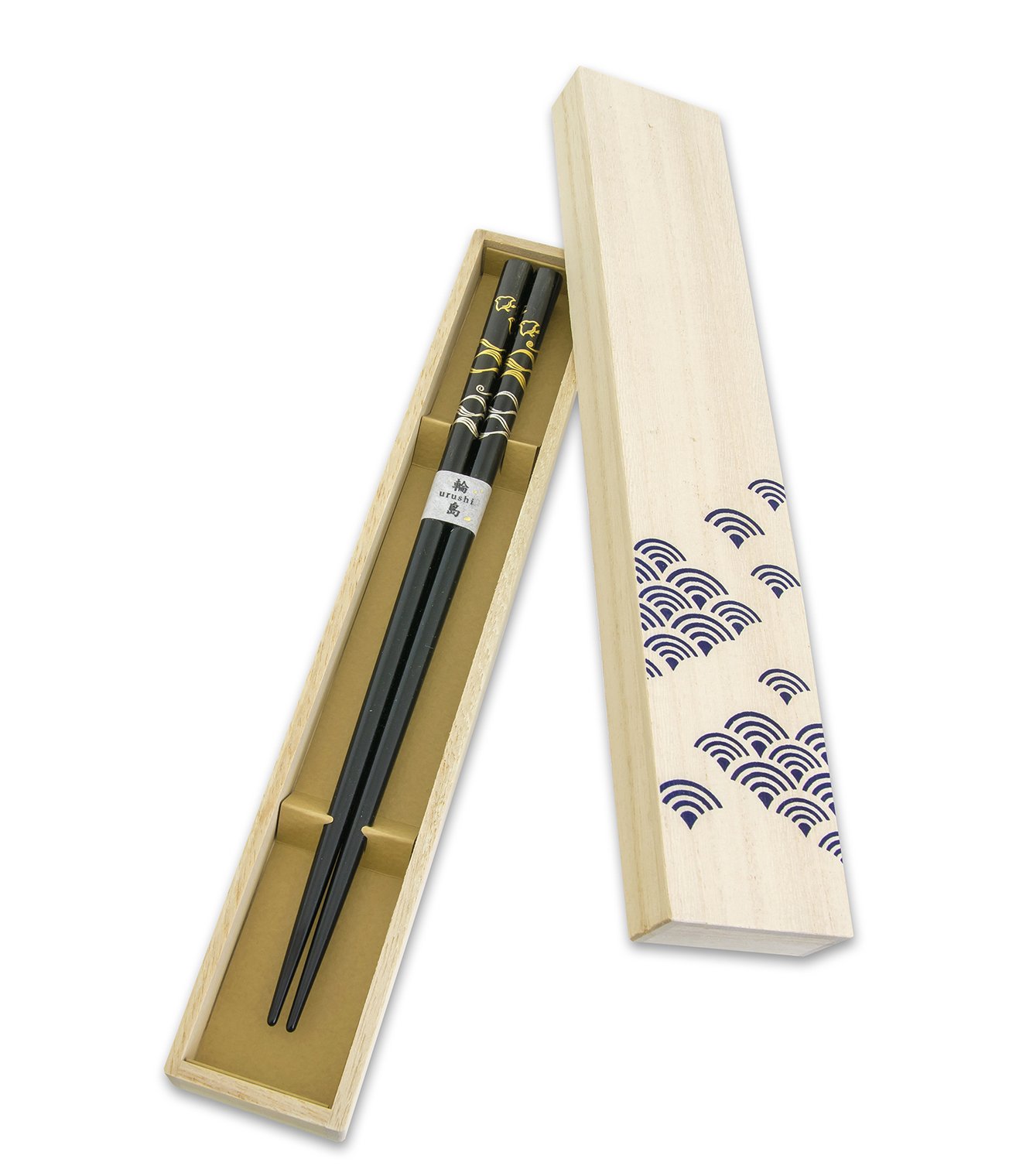 Hashimoto-Kousaku Wajima Japanese Natural Lacquered Wooden Chopsticks Reusable in Gift Box, Seasonal Scenery Naminotori (Black) Made in Japan, Handcrafted