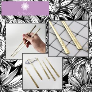 BALWOO Korean Flat Chopsticks [5 Sets][Made in Korea] 304 Premium Stainless Steel Chopsticks, Korean Style Reusable Chopsticks Flatware Cutlery Silverware Metal Chopsticks (Sunflower, TITANIUM)