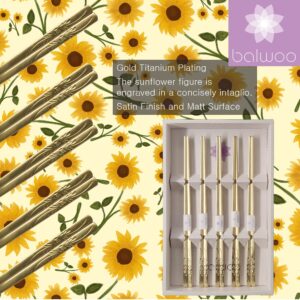 BALWOO Korean Flat Chopsticks [5 Sets][Made in Korea] 304 Premium Stainless Steel Chopsticks, Korean Style Reusable Chopsticks Flatware Cutlery Silverware Metal Chopsticks (Sunflower, TITANIUM)