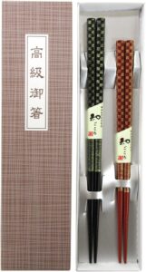 aoba japanese wooden chopsticks reusable 2 pairs in gift box gold checkered pattern black and red dishwasher-safe (sakin-ichimatsu) [ made in japan /handcrafted ]