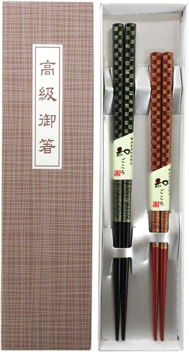 AOBA Japanese Wooden Chopsticks Reusable 2 Pairs in Gift Box Gold Checkered Pattern Black and Red Dishwasher-safe (Sakin-Ichimatsu) [ Made in Japan /Handcrafted ]