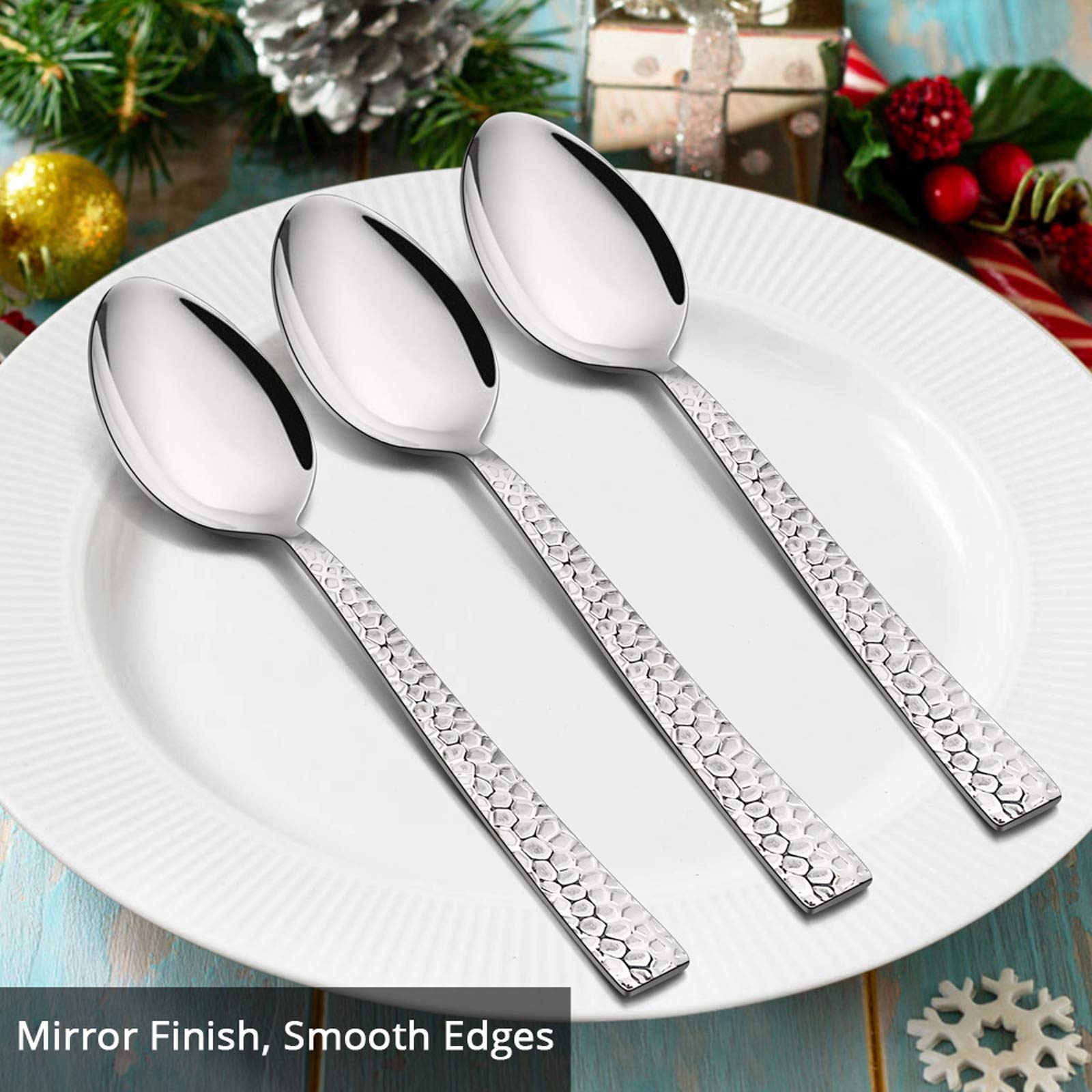 E-far Hammered Dinner Spoons Set of 12, E-far 7.9 Inch Stainless Steel Soup Spoons Tablespoons for Home, Kitchen or Restaurant, Non-toxic & Mirror Polished, Squared Edge & Dishwasher Safe