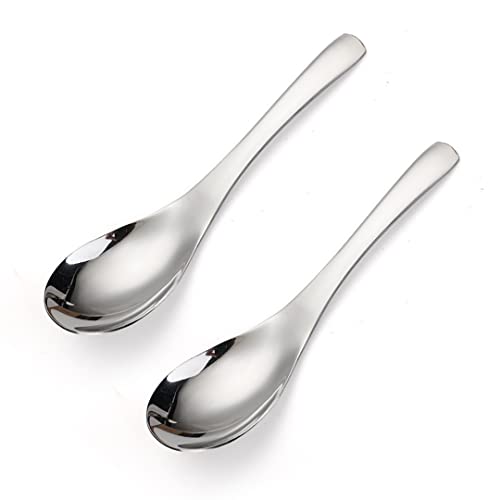 AXIAOLU Thick Heavy-weight Soup Spoons, Stainless Steel Silver Table Spoon, 6.3 inches Korean Spoons for Cereal Ramen Soup Dips Curry Sauces Stews, Set of 2