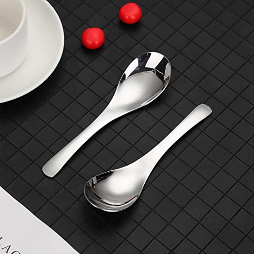 AXIAOLU Thick Heavy-weight Soup Spoons, Stainless Steel Silver Table Spoon, 6.3 inches Korean Spoons for Cereal Ramen Soup Dips Curry Sauces Stews, Set of 2