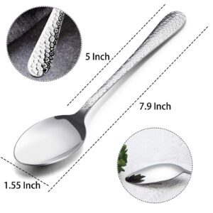 E-far 12-Piece Stainless Steel Hammered Dinner Spoons Set, Modern Silver Large Soup Spoons for Home, Kitchen, Restaurant, Round Edge & Mirror Polished, Dishwasher Safe - 7.9 Inches