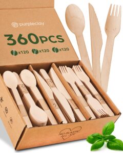wooden compostable utensils set - 360 pieces (120 forks 120 spoons 120 knives) sturdy wood disposable cutlery - eco-friendly biodegradable utensils for party - free from plastic cutlery set for eating