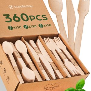 Wooden Compostable Utensils Set - 360 Pieces (120 Forks 120 Spoons 120 Knives) Sturdy Wood Disposable Cutlery - Eco-Friendly Biodegradable Utensils for Party - Free From Plastic Cutlery Set for Eating