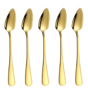 5 pcs grapefruit spoons, stainless steel grapefruit spoon utensil set, serrated edge & thick gauge handle, gold kitchen tool with non-stick plating for kiwi, dessert, apple, citrus fruit