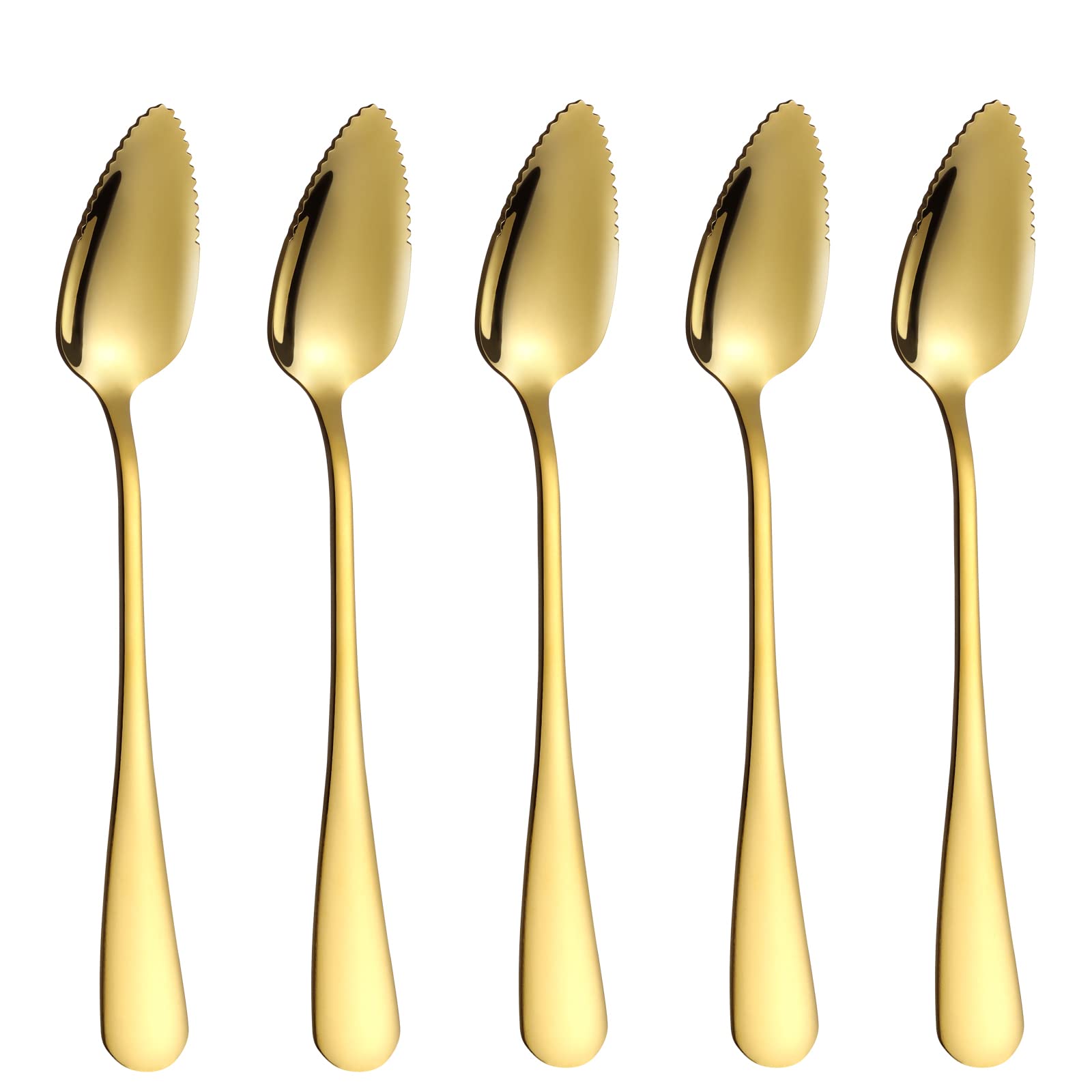 5 PCS Grapefruit Spoons, Stainless Steel Grapefruit Spoon Utensil Set, Serrated Edge & Thick Gauge Handle, Gold Kitchen Tool with Non-stick Plating for Kiwi, Dessert, Apple, Citrus Fruit