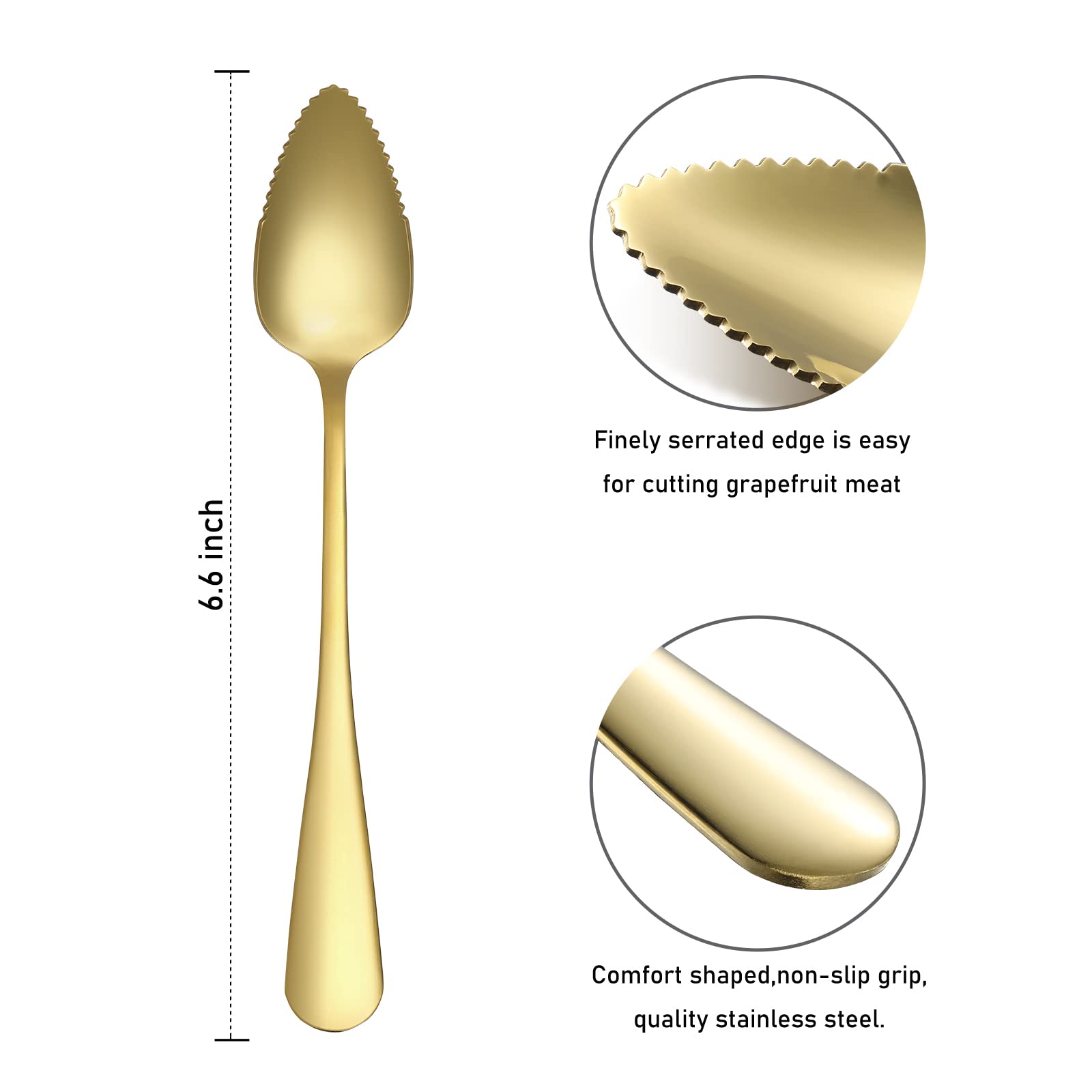 5 PCS Grapefruit Spoons, Stainless Steel Grapefruit Spoon Utensil Set, Serrated Edge & Thick Gauge Handle, Gold Kitchen Tool with Non-stick Plating for Kiwi, Dessert, Apple, Citrus Fruit