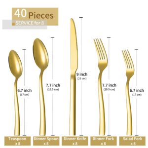 Gold Silverware Set, Briout 40 Piece Stainless Steel Flatware Cutlery Set Service for 8 Luxury Square Tableware Thick Knife Fork Spoon for Home Kitchen Restaurant Wedding, Mirror Polished