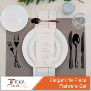 Tribal Cooking 49 Piece Silverware Set - Service for 8 - Stainless Steel Flatware serving set - Cutlery Set - Knives, Fork, and Spoon - Dishwasher Safe - Stunning Polished Finish - Black