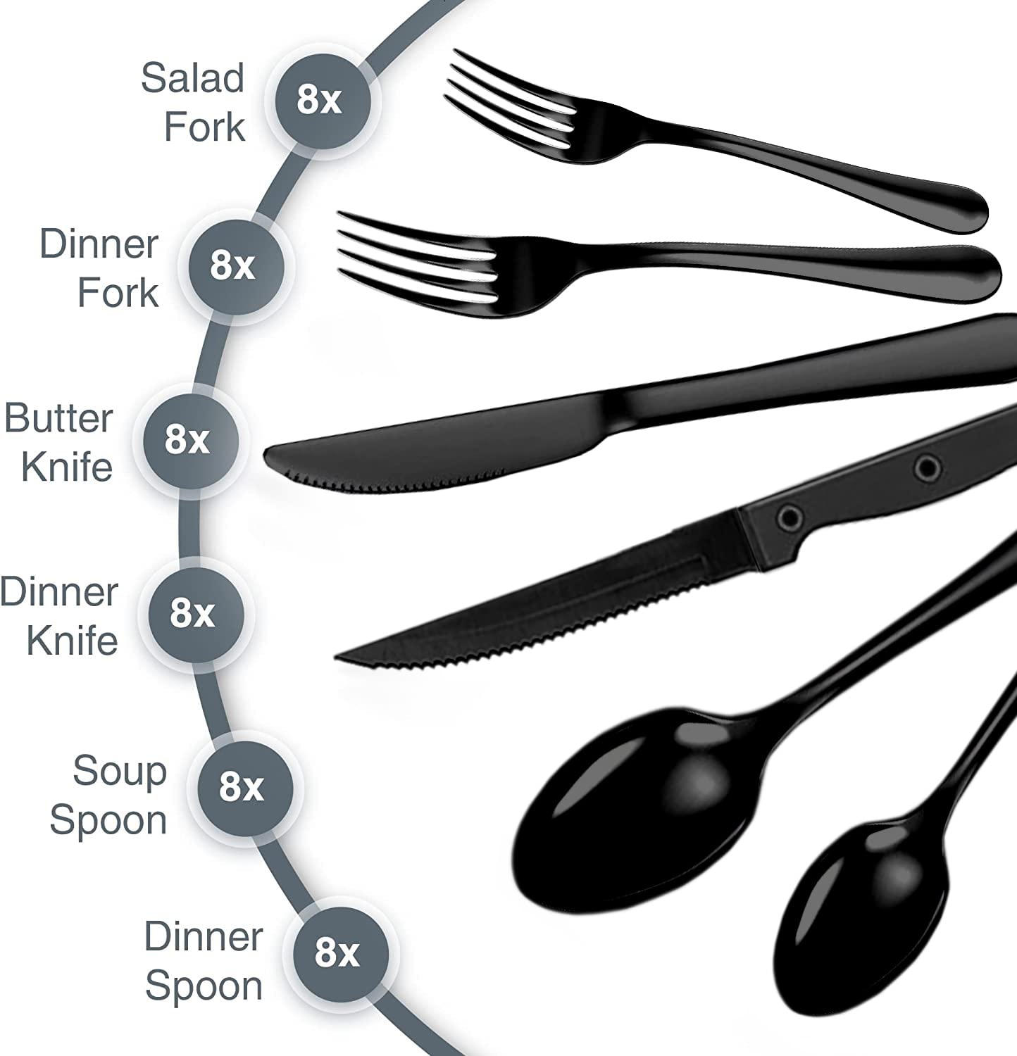 Tribal Cooking 49 Piece Silverware Set - Service for 8 - Stainless Steel Flatware serving set - Cutlery Set - Knives, Fork, and Spoon - Dishwasher Safe - Stunning Polished Finish - Black