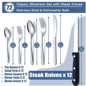 BEWOS 72 Pieces Silverware Set for 12, Cutlery Set with Steak Knives, Stainless Steel Flatware Set, Mirror Polished Flatware, Knives, Forks and Spoons Silverware, Dishwasher Safe Kitchen Utensils Set