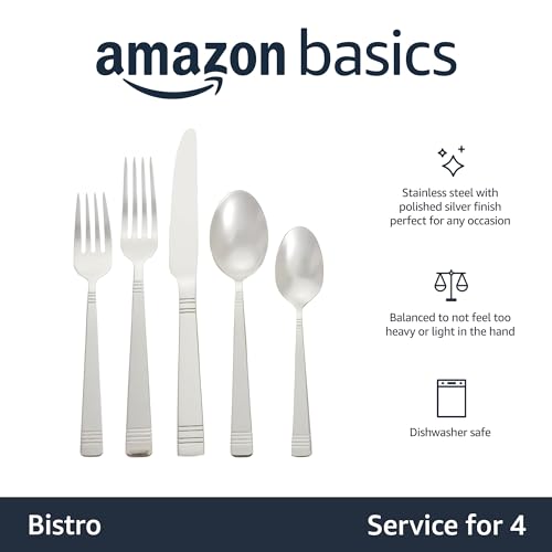 Amazon Basics 20-Piece Stainless Steel Bistro Flatware Set, Service for 4, Silver