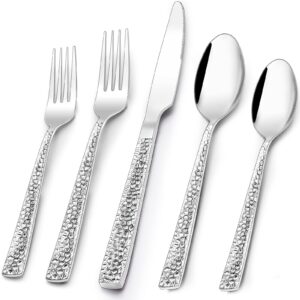 paincco 60-piece hammered silverware set for 12, stainless steel square flatware cutlery set, eating utensils sets include knife fork spoon, modern design & mirror polished - dishwasher safe