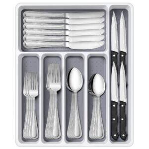 hiware 48-piece silverware set with organizer, stainless steel flatware for 8, cutlery utensil sets with steak knives, rust-proof, mirror polished, dishwasher safe