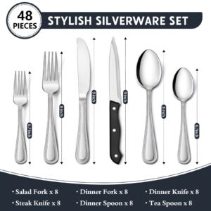 Hiware 48-Piece Silverware Set with Organizer, Stainless Steel Flatware for 8, Cutlery Utensil Sets with Steak Knives, Rust-proof, Mirror Polished, Dishwasher Safe