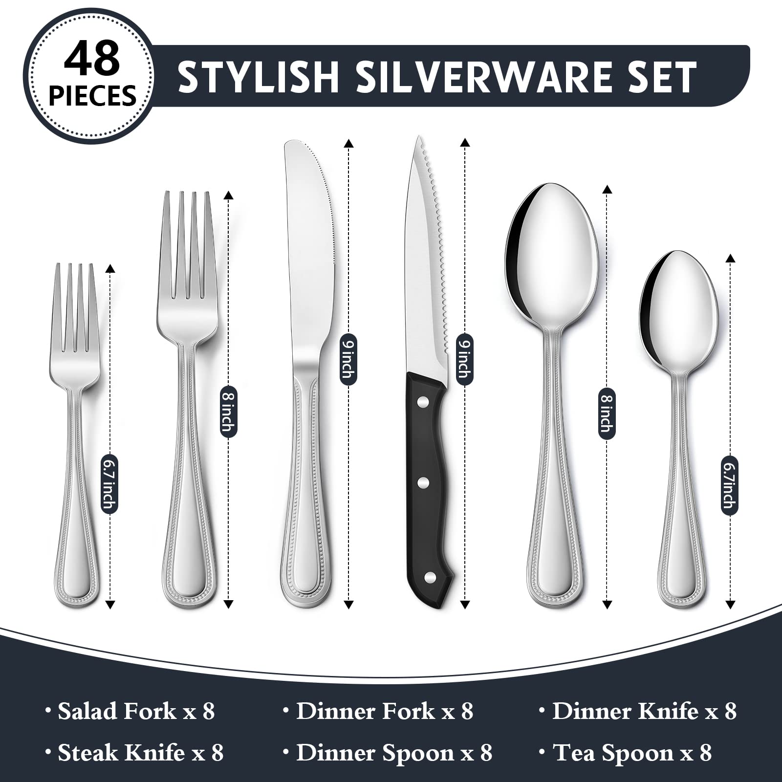 Hiware 48-Piece Silverware Set with Organizer, Stainless Steel Flatware for 8, Cutlery Utensil Sets with Steak Knives, Rust-proof, Mirror Polished, Dishwasher Safe