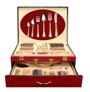 venezia collection 75-pc luxury flatware set for 12 w/storage case 24k gold premium dining cutlery service - 18/10 surgical stainless steel silverware hostess serving set in a chest