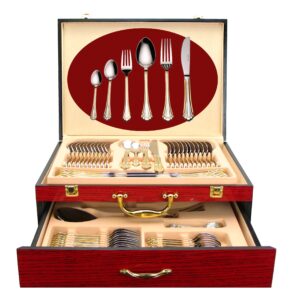 Venezia Collection 75-Pc Luxury Flatware Set for 12 w/Storage Case 24K Gold Premium Dining Cutlery Service - 18/10 Surgical Stainless Steel Silverware Hostess Serving Set in a Chest