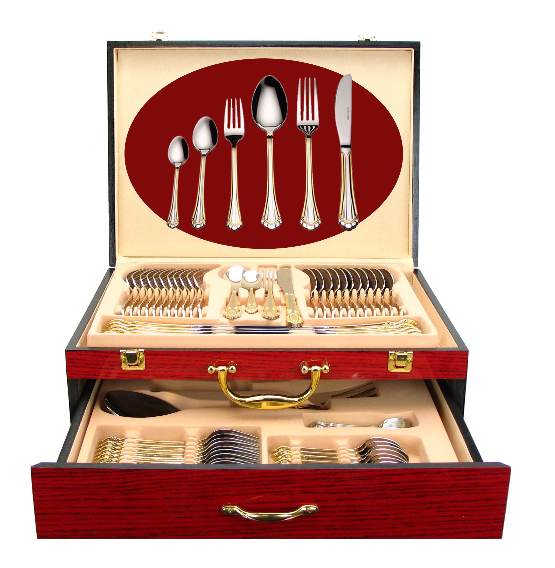 Venezia Collection 75-Pc Luxury Flatware Set for 12 w/Storage Case 24K Gold Premium Dining Cutlery Service - 18/10 Surgical Stainless Steel Silverware Hostess Serving Set in a Chest