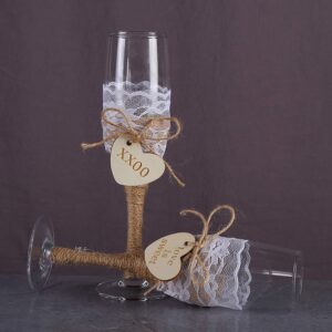 TANG SONG Cake Knife and Server with Champagne Glasses Set Resin Plastic Handle with Twine Heart Love Wood Tag and Burlap Lace Design