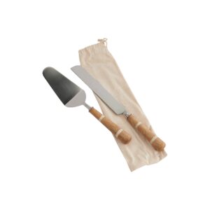 creative co-op stainless steel cake knife & server with wood & horn inlay handle and bag (2 pieces)