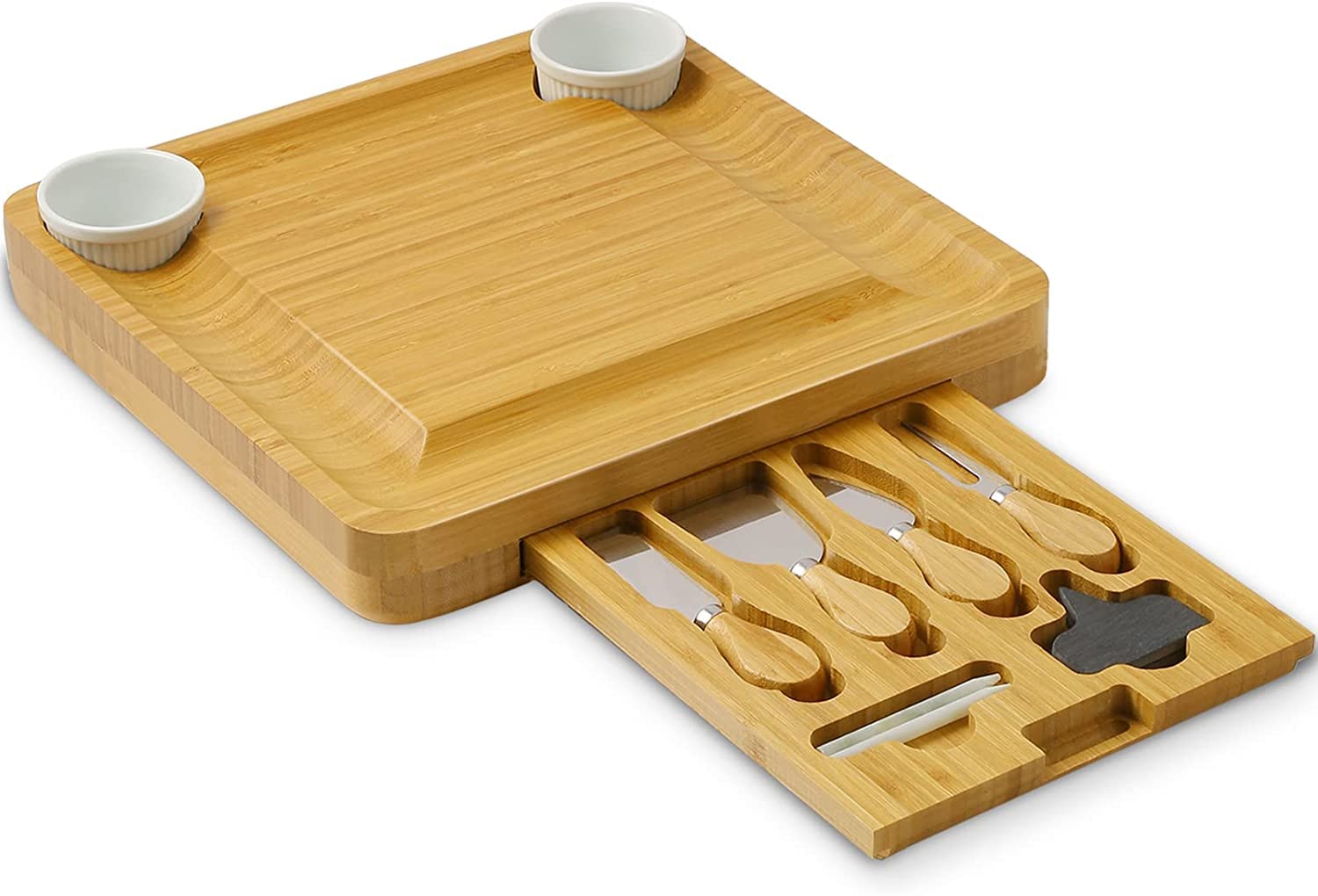 CTFT Cheese Board and Knife Set Bamboo Charcuterie Platter Serving Tray Wooden Cheese Cutting Board Set Gifts for Housewarming Anniversary Wedding Birthday