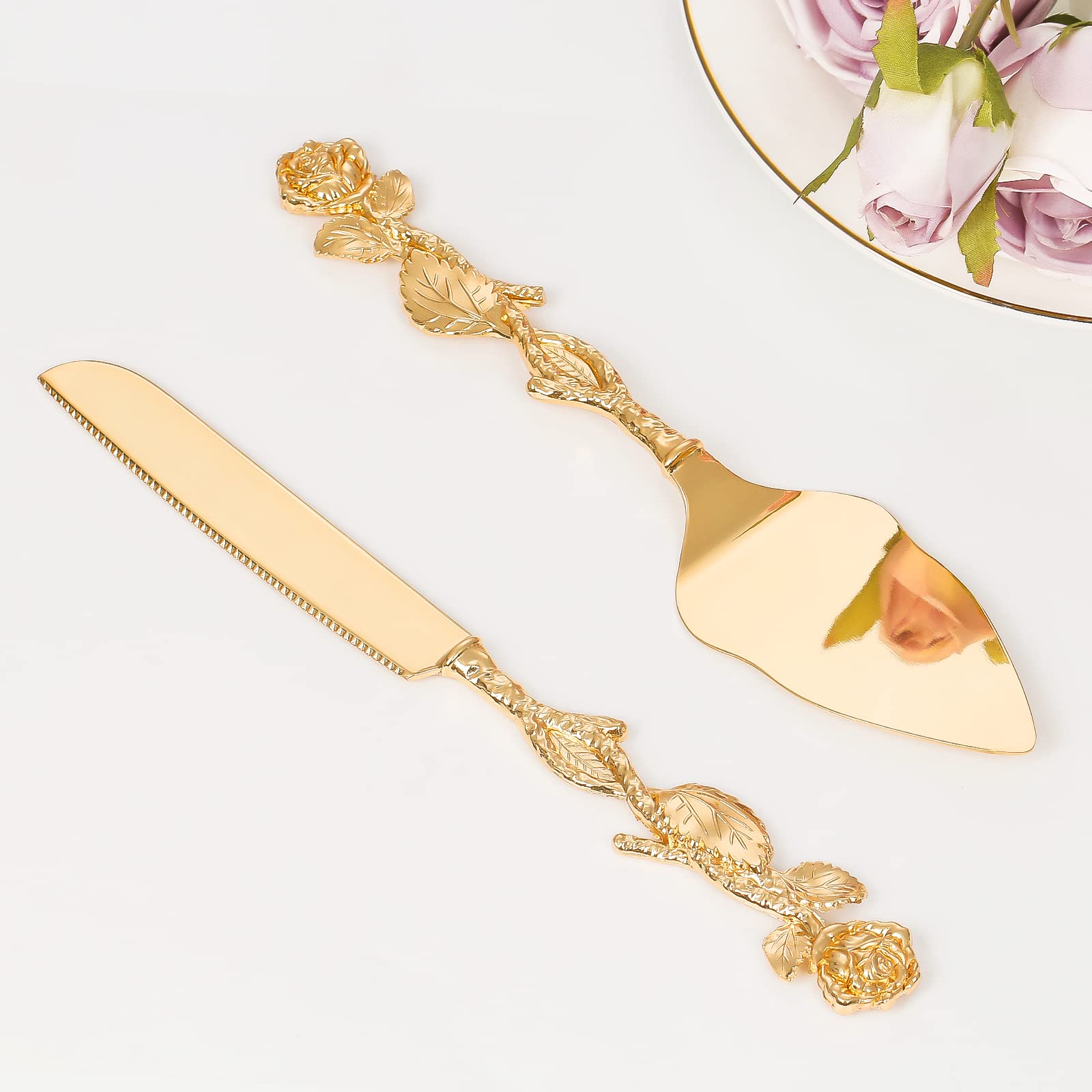 TUKDAK Cake Cutting Set for Wedding, Personalized Gold Cake Knife and Server Set, Custom Cake Serving Set, Engraved Pastry Pie Server Cake Pizza Cutter, Birthday Bridal Gift (F-Rose)