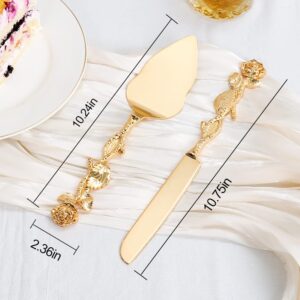 TUKDAK Cake Cutting Set for Wedding, Personalized Gold Cake Knife and Server Set, Custom Cake Serving Set, Engraved Pastry Pie Server Cake Pizza Cutter, Birthday Bridal Gift (F-Rose)